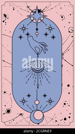 mond und Sonne Tarot-Karten, Hände in einfachen flachen Esoterik Boho Stil gesetzt. Hintergrund - Vorlage Design für Poster, Banner, Social Media Post. Stock Vektor