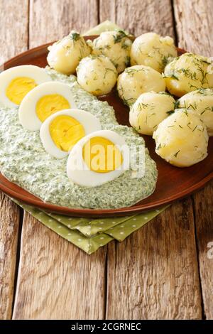 Traditionelle Frankfurter Gruene Sosse grüne Sosse mit gekochten Kartoffeln und Eiern aus der Nähe in einem Teller. Vertikal Stockfoto