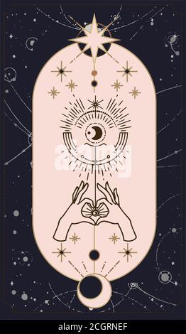 mond und Sonne Tarot-Karten, Hände in einfachen flachen Esoterik boho Stil gesetzt. Esoterik Logo mit verschiedenen Symbolen, Gold und rosa und rosa Karten, Poster o Stock Vektor