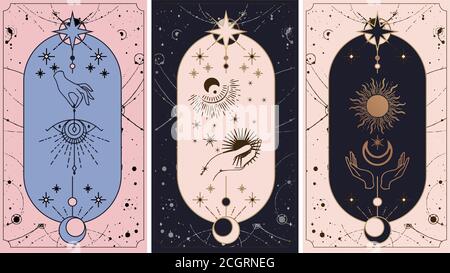 mond und Sonne Tarot-Karten, Hände in einfachen flachen Esoterik boho Stil gesetzt. Esoteric Sammlung von Logos mit verschiedenen Symbolen wie Raum Stern Planet, g Stock Vektor