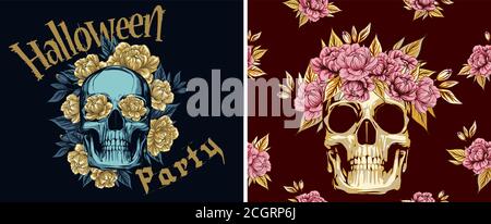 Halloween Party Banner, Metall Totenkopf mit goldenen Rosen Blumenkranz, für Poster Design oder Postkarte Feier Konzept. Totenkopf als Dekor mit Blumen Stock Vektor