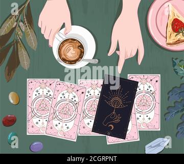 Trinken Sie Kaffee und warten auf arcane Karten bei der mystischen Führer, EINE Sitzung mit einem Wahrsager mit Tarot-Karten, isoliert lustige qute Verkauf bieten Design i Stock Vektor