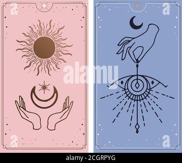 mond und Sonne Tarot-Karten, Hände in einfachen flachen Esoterik Boho Stil gesetzt. Hintergrund - Vorlage Design für Poster, Banner, Social Media Post. Stock Vektor