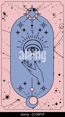 mond und Sonne Tarot-Karten, Hände in einfachen flachen Esoterik boho Stil gesetzt. Esoterik Logo mit verschiedenen Symbolen, Gold und rosa und rosa Karten, Poster o Stock Vektor