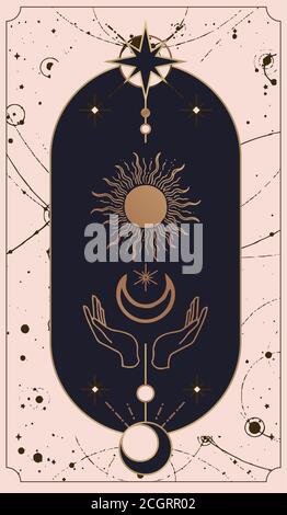 mond und Sonne Tarot-Karten, Hände in einfachen flachen Esoterik Boho Stil gesetzt. Hintergrund - Vorlage Design für Poster, Banner, Social Media Post. Stock Vektor