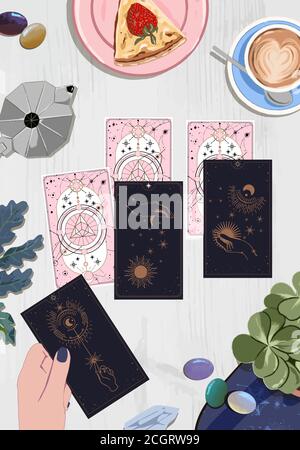 Eine Sitzung mit einem Wahrsager mit Tarot-Karten, Kaffee trinken und warten auf obskane Karten an der mystischen Führer, Mond und Sonne Tarot-Karten, Hände gesetzt in Stock Vektor