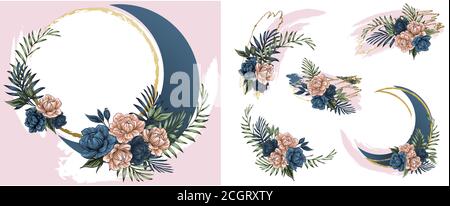 crescent und Blot Boho Blumen, Set Design-Vorlagen. Einladung. Titelbild des Katalogs. Banner. Beauty-und Modegeschäft. Rosa und weiße Pinselstriche Stock Vektor