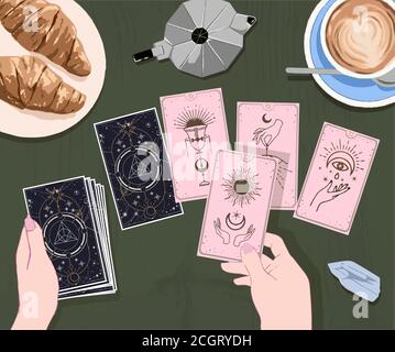 Trinken Sie Kaffee und warten auf arcane Karten bei der mystischen Führer, EINE Sitzung mit einem Wahrsager mit Tarot-Karten, isoliert lustige qute Verkauf bieten Design i Stock Vektor