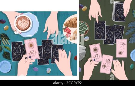 Eine Sitzung mit einem Wahrsager mit Tarot-Karten, Kaffee trinken und warten auf obskane Karten bei der mystischen Führer, Satz von handgezeichneten Skizzen Plakate, Bus Stock Vektor
