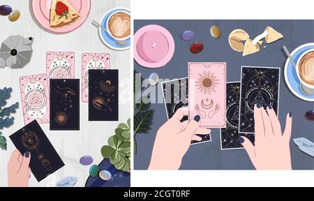 Eine Sitzung mit einem Wahrsager mit Tarot-Karten, Kaffee trinken und warten auf obskane Karten bei der mystischen Führer, Satz von handgezeichneten Skizzen Plakate, Bus Stock Vektor