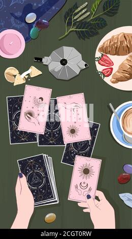 Trinken Sie Kaffee und warten auf arcane Karten bei der mystischen Führer, EINE Sitzung mit einem Wahrsager mit Tarot-Karten, isoliert lustige qute Verkauf bieten Design i Stock Vektor