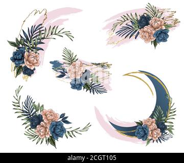 Set Design-Vorlagen. crescent und Blot Boho Blumen mit Goldfolie, Cover des Katalogs. Banner. Beauty-und Modegeschäft. Rose und weißen Pinsel stro Stock Vektor