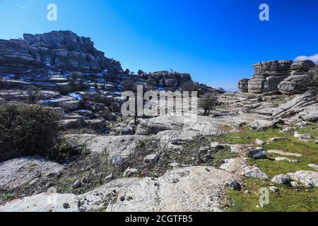 El Torcal de Antequera ist ein Naturschutzgebiet in der Sierra del Torcal Bergkette im Süden der Stadt Antequera. Es ist Karstlandschaft. Stockfoto