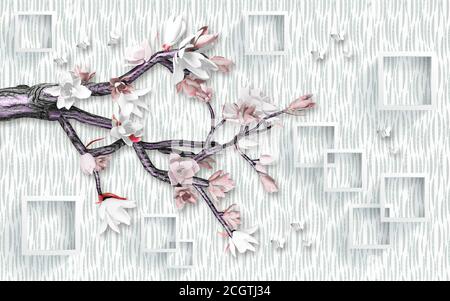 3d Wandbild Tapete Design mit Renderblume und Baum Zweig. Schmetterling und weißem Hintergrund Stockfoto