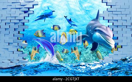 3d-Illustration Tapete unter Meer Delphin, Fisch, Schildkröte, Korallenriff Sandwasser mit gebrochenen Mauerziegel Hintergrund. Wird optisch erweitern den Raum Stockfoto