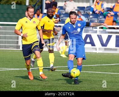 Aveley, Großbritannien. Februar 2018. SOUTHEND, ENGLAND - SEPTEMBER 12: Lewis Dark of Grays Athletic während FA Cup - Vorrunde zwischen Grays Athletic und Witham Town in Parkside, Park Lane, Aveley, UK am 12. September 2020 Credit: Action Foto Sport/Alamy Live News Stockfoto