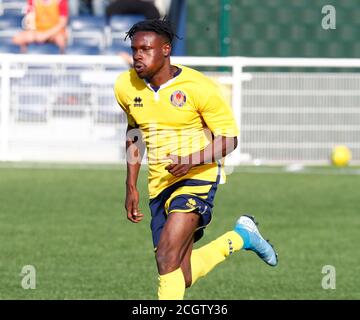 Aveley, Großbritannien. Februar 2018. SOUTHEND, ENGLAND - SEPTEMBER 12: Jeffrey Cobblah von Witham Town während FA Cup - Vorrunde zwischen Grays Athletic und Witham Town in Parkside, Park Lane, Aveley, UK am 12. September 2020 Credit: Action Foto Sport/Alamy Live News Stockfoto