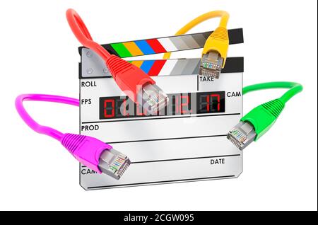 Klappplatine mit lan-Kabeln. Online-Filme, Streaming-Online-Konzept. 3D-Rendering auf weißem Hintergrund isoliert Stockfoto