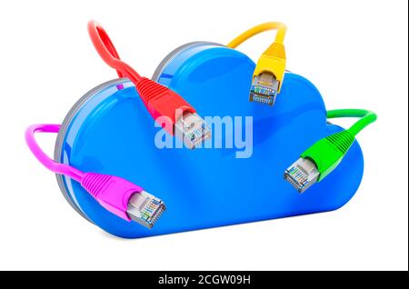 Computer-Cloud mit lan-Internet-Kabel, 3D-Rendering isoliert auf weißem Hintergrund Stockfoto