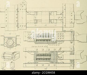 . Amerikanischer Ingenieur und Eisenbahnjournal . Ectional Ansichten des Zahnrads selbst, die Methode der Befestigung - die linke Nachläufer trägt auf dem Lauf, und LHE andere, gegen die Keile, drückt die Keile in den Bellmouth des Barrels und komprimiert die Federn innerhalb des Barrels. Die Teile sind so gemacht, dass die Federn nicht fest verziehen können, weil der Zylinder so lang ist, dass er die Last der Anhänger in direkter Kompression von sich selbst totake, wenn die Keile fast bis zu dem Punkt bewegt haben, wo die Pringen schließen würden. Die Federn sollten daher auf Dauer, wenn sie von der richtigen gemacht Stockfoto