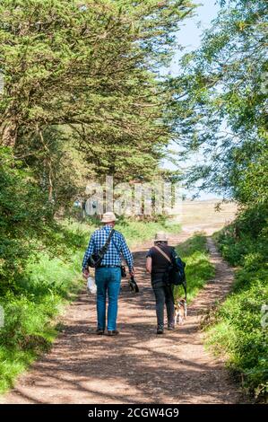 Ein Paar mit einem Hund, der einen Fußweg zum Brancaster Marsh an der nördlichen Norfolk-Küste entlang geht. Stockfoto