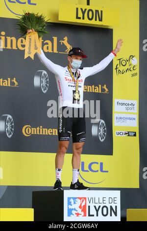 Lyon, Frankreich. September 2020. TOUR DE FRANCE 2020- UCI Cycling World Tour während der covid-19 Pandemie. Etappe 14 von Clermont-Ferrand nach Lyon am 12. September. Soren Kragh Andersen Denmark Team Sunweb Kredit: Action Plus Sports/Alamy Live News Stockfoto