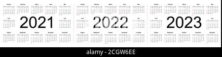 Einfacher Kalender Layout für 2021, 2022 und 2023 Jahre. Woche beginnt ab Sonntag. Isolierte Vektordarstellung auf weißem Hintergrund. Stock Vektor