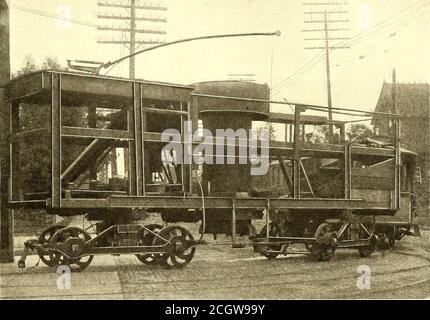 . Die Straßenbahn Zeitschrift . ABB. 10. – VERSTELLBARER WAGENSTÄNDER ABB. 2. – SELBST GEGOSSENE SCHWEISSKUPPELWAGEN auf 18-Zoll-Zentren zum Bruch der Schiene und der Bruch oc-Curs an Punkten, die nicht neben dem Gelenk der Schiene selbst;praktischer Betrieb beweist auch abschließend, dass die Festigkeit der Verbindung größer ist als die Schiene; Der perma-nent-Punkt ist bei etwa 20 Tonnen für eine 80-lb.Schiene erreicht, und das Gelenk zeigt keine Anzeichen einer Schwächung, bis die elastische Grenze der Schiene erreicht ist. Die Kuppel, in der das Eisen geschmolzen wird, ist in Abb. 2.das verwendete Eisen ist Schrott, bestehend aus Stockfoto