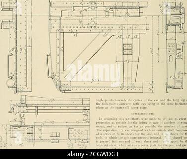 . eisenbahnzeitgazette . sind sechs Zwischenmembranen auf beiden Seiten des Fackers, von denen vier zwischen den Querträgern und einer Te tion liegen. Die Endschwelle wird an der Schlagplatte und am Ende an einer Druckstange aus Stahlguss-Tasche und einem Eckguß befestigt, die wiederum miteinander vernietet und am unteren Teil des Seitenträgers und an der Diagonalstrebe befestigt sind, Während das obere ver-tical Bein des Endschwellers an den Endblechen die gesamte Breite des Autos genietet wird. Die Diagonalklammern sind aus U-förmigem Abschnitt, 8 Zoll breit und 34 Zoll dick, mit 2/! Flansche nach unten zeigen. Sie sind flach Stockfoto