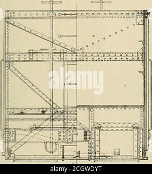 . Amerikanischer Ingenieur und Eisenbahn Zeitschrift . Spannungsdiagramm, Abschluss der schrägen Bodenkanäle Quer-Chan-nels passieren die Enden des Wagens so, dass die Endsteigungen von der Last zu den Seitenrahmen-Traversen überfahren werden. An der Oberseite der Seiten und Enden 6-Zoll-Kanäle geben Stärke und. Halb- und End-Elevation des Vanderbilt Car. Steifigkeit, Querbänder von Stäben, geschützt durch invertierte Winkel, sind an zwei Punkten entlang der oberen Akkorde, während unter dem Boden Beschichtung Quereinbettung ist für die unteren Teile der Seiten vorgesehen. Kanäle werden für Endschweller verwendet, ohne Abguss Stockfoto