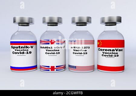 Behälterflaschen mit amerikanischem, chinesischem, russischem und britischem Impfstoff mRNA-1273, chadox1 ncov-19,sputnik-V,coronavac zur Behandlung des Coronavirus di Stockfoto