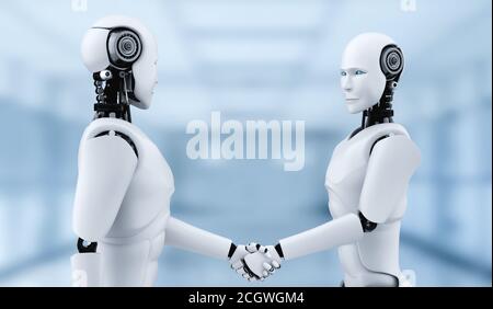 3D Rendering humanoide Roboter Handshake zur Zusammenarbeit zukünftige Technologieentwicklung von KI denken Gehirn, künstliche Intelligenz und maschinelles Lernen Prozess für die 4. Industrielle Revolution. Stockfoto