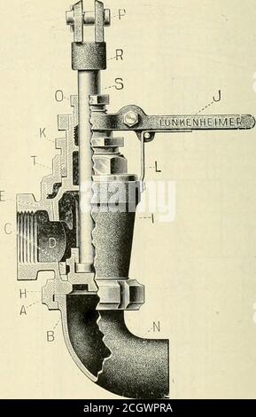 . Amerikanischer Ingenieur und Eisenbahn-Zeitschrift . Frames. Die seitlichen Rahmenverlängerungen sind für zusätzlichen Freiraum gebogen und bieten eine breite Oberfläche, auf der sie mit den Winkeleisen-Kreuzungen verschraubt sind, was an dieser Stelle eine erhöhte Festigkeit sicherstellt. ABBLASVENTIL DER LOKOMOTIVE. Die Detailkonstruktion des Lunkenheimer-verbesserten Lok-Abblasventils wird durch die beiliegende Abbildung gezeigt. Bei seiner Konstruktion ist der Einsatz von TwiO-Unterscheidungsventilen innerhalb einer einzigen Karosserie beteiligt: Eine davon ist für den regelmäßigen Einsatz vorgesehen, während die andere für den Notfalldienst vorgesehen ist, nur im Falle einer möglichen f zu bedienen Stockfoto