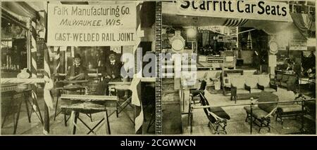 . The Street Railway review . ail*v2i)^jey^^. Eines der attraktivsten Exponate auf der Südgalerie war das der Consolidated Car Heating Company, New York. Unter den Sitzen wurde ein Großraum mit Autositzen ausgestattet, die jeweils mit elektrischen Heizungen ausgestattet waren, und auf einer Seite des Raumes wurden sev-ERal-Seitenheizungen angeordnet. Diese wurden im Stromkreis mit den Hexen verbunden, die es erlauben, die Wärme von einer bis fünf Intensitäten zu regulieren. Dies wird durch Ausschneiden einiger der Heizungen und Werfen der Rest in Serie, die Wärme variiert je nach Anzahl der Heizungen in Gebrauch gemacht. Wann Stockfoto