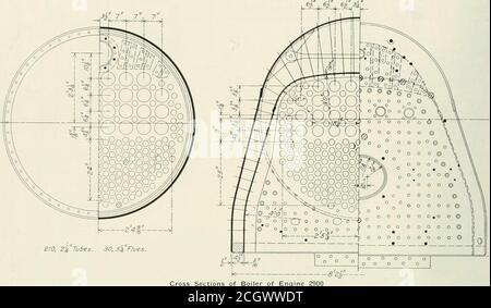 . Eisenbahnmechaniker . / in. Breit durch SYI in. Tief, wo der vordere Framefiller oder Spinnenguß verschraubt ist. Die hinteren Rahmen und die Sockelbinder sind aus Baustahl. Die Hauptrahmen sind zwischen den Mittelungen und den hinteren Rahmen 74^4 i- zwischen den Zentren abstanden391/2 Zoll. Querschnitte des Kessels von eng und wird unter den Schlammring gelegt, um den doppelten Zweck der Wandhalterung und der Feuerwehrbox-Unterstützung zu erhalten. Die Expansionsblätter sind doppelt, wobei jede aus zwei 5^-Zoll-Platten besteht, die an der Spitze und am Boden durch ■/2-Zoll-Liner getrennt sind. Sie sitzen oben und unten an den Schultern und entlasten so die Verschraubung Stockfoto