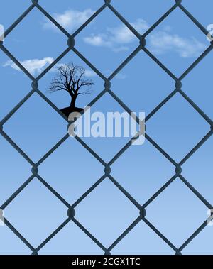 Ein Baum wird von einem Kettengliederzaun umrahmt. Stockfoto