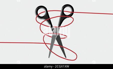 Eine Schere ist in einer Schnur verwickelt, was eine Metapher für das Schneiden von Bindungen sein kann, um aus schwierigen Situationen zu kommen. Stockfoto