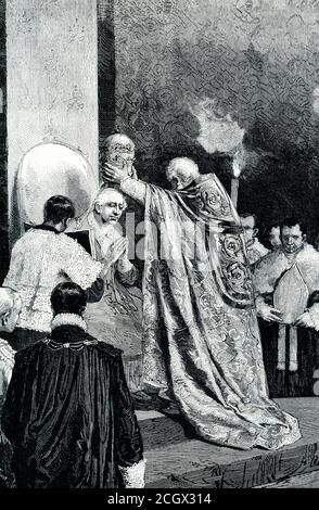 PoEP Leo, bekannt in früheren Leben als Kardinal Pecci, wurde zum Papst gewählt, um Papst IX in 1878. Mit feierlicher Feierlichkeit wurde er in den päpstlichen Stuhl gesetzt und mit dem Tiara oder dreikrönten päpstlichen Hut investiert. Alle Würdenträger der Kirche versammelten sich, um ihn zu ehren und seine Autorität zu weihen. Stockfoto
