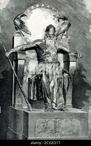 Diese frühe 1900er Illustration zeigt Woden. Die Legende: Woden war der hauptgott der alten Deutschen. Diese ideale Statue stellt den mächtigen gott dar, der auf seinem Thron sitzt. Sein Kopf ist in düsterer Ehrfurcht gebeugt, sein einer sieht das Auge streng fixiert, seine Hände geklinkt. Er scheint an den großen Kampf zu denken, den er eines Tages gegen alle Tyhe-Kräfte des Bösen kämpfen muss. Dieser Kampf wird die Welt beenden und Woden selbst ist in ihm zum Tode verurteilt. Über dem gott halten seine wachsamen Boten, die beiden Raben, Gedanken und Erinnerung. Unten ist eine symbolische Schnitzerei des Universums, der Baum des Lebens, mit den Nornen, Stockfoto