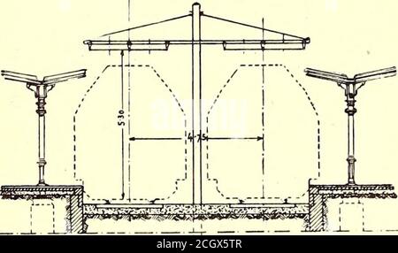 . Die Straßenbahnzeitschrift . die Lokomotive entspricht den Dampflok-Normen der österreichisch-ungarischen Dampfeisenbahnen.die Länge der Lokomotive zwischen den Stoßfängern beträgt 7850 mm (25 ft. 9 Zoll). Das Gewicht der elektrischen Ausrüstung beträgt 29.000 kg (63,800 lbs.), ohne 14,500 kg (31,900 lbs.). Das Gerüst besteht aus genieteten Stahlplatten, die durch Kreuzstücke entsprechend steif sind, um den Belastungen standzuhalten, die bei der Operation aufkommen. Die verschiedenen Teile der Lokomotive sind mit Ausnahme der Anordnung des Elektroapparates sym-metrisch angeordnet. Beide Achsen tragen jeweils zwei Motoren, diese beigefederung-suspe Stockfoto