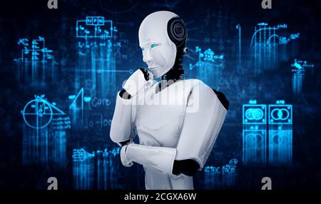Thinking AI humanoider Roboter Analyse Bildschirm der Mathematik Formel und Wissenschaft Gleichung durch den Einsatz von künstlicher Intelligenz und maschinelles Lernen Prozess für die 4. Industrielle Revolution. 3D-Illustration Stockfoto