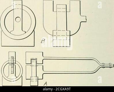 . Eisenbahnmaschinenbauingenieur . re. Der Druck auf jeden Kolben beträgt ca. 95,000 lb. Der Rahmen besteht aus zwei horizontalen und zwei vertikalen I-Trägern, die an den vertikalen Stäben befestigt sind und die Ebenen Tüll und der Tisch an den horizontalen Stäben. Wir haben auch einen öl-Temperiertank, an dem eine kleine Pumpe angebracht ist und mit Luftdruck läuft. Diese Pumpe saugt das heiße Öl von der Oberseite und zirkuliert es in Spulen in fließendem Wasser und entlädt in Bottom-Tank; die Temperatur des Öls, wie es entlädt ist etwa 130deg. F. VV. J. Mayer (Michigan Central) : Abb. 11 ist ein ehemaliger formender Brak Stockfoto
