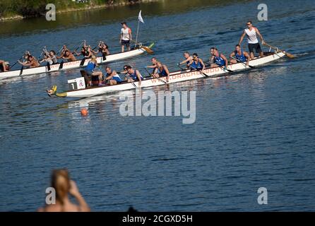 Wien, Österreich. September 2020. Teams treten beim Wiener Donau-Drachenboot-Cup 2020 in Wien, Österreich, am 12. September 2020 an. Kredit: Guo Chen/Xinhua/Alamy Live Nachrichten Stockfoto