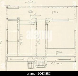 . Eisenbahnmechaniker . Cross Sections und End Elevation der Hillman Hopper Car hopjjers unter den Schwellen. Diese Trichter sind intandem angeordnet, zwei Trichterpaare sind so konstruiert, dass ein Mechanismus, der beide Türpaare gleichzeitig öffnet. Dies ermöglicht die schnelle Entladung von Kohle und ein halbes Auto kann auf Wunsch zu einer Zeit entladen werden. Die DIS-Charge-Bereich von zwei Paar Türen ist API)roximmately 27 .sq. Ft., dies versichert ein schnelles Entladen von Kohle. Die Hopper ar-rangement unterhalb der .sills erhöht das Gewicht der Kohle an diesem Punkt, so dass der Schwerpunkt der Stockfoto