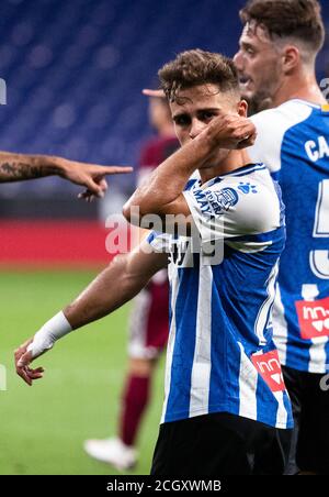 Barcelona, Spanien. September 2020. Oscar Melendo von RCD Espanyol feiert das Tor während des Fußballspiels La Liga Smartbank 2020-2021 zwischen RCD Espanyol und Albacete in Barcelona, Spanien, 12. September 2020. RCD Espanyol gewann 3:0. Quelle: Joan Gosa/Xinhua/Alamy Live News Stockfoto