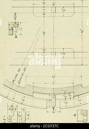 . Amerikanischer Ingenieur und Eisenbahnjournal. mery Rad wird durch ein Paar von Gimbalverbindungen durchgeführt, die auf der Vorderansicht erscheinen. Die Schmirgelpartikel, die aus den gehärteten Verbindungskrümmen abgeschliffen werden, werden von einem Abluftgebläse entfernt, der auf dem Boden auf der Rückseite der Maschine angebracht ist. Wie aus den Verlockungen ersichtlich wird, ist die Maschine so wesentlich gebaut und in allen ihren Teilen so starr, dass die Arbeit genau in Position gehalten wird, und die Offiziere behaupten, dass die Ergebnisse so nahe an Perfektion liegen, wie sie möglich erreicht werden können, Sowohl in Bezug auf die Genauigkeit des Theradius der Verbindung Stockfoto