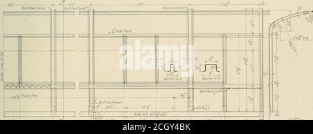 . Eisenbahnmechaniker . Das Untergestell des Long Island Trailer Car besteht aus zwei 9-Zoll-, IS-lb.-Kanälen, 61 Fuß, 42 Zoll lang mit Auslegern und zu den Schwellen am Karosserieende. Zusätzliche Querverbinder sind obere und untere Abdeckplatten, jeweils 54 Zoll und 3^ Zoll, in in der Nähe der LKW-Zentren und an den Punkten 4 Fuß. 3 Zoll auf beiden Stärken. Stahlgussschweller, die die Westinghouse-Seite der Quermitte des Autos nehmen. Diese sind von Reibung Zuggetriebe, sind an der Unterseite der mittleren Schweller gesichert. Kanalabschnitt platziert Flansche nach unten und die Enden sind vernietet. S4-9X-Gehäuse Stockfoto