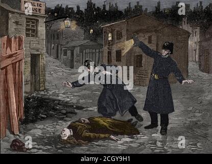 Eine Straße in Whitechapel: Das letzte Verbrechen von Jack the Ripper - Gravur nach Ernest Clair-Guyot Stockfoto