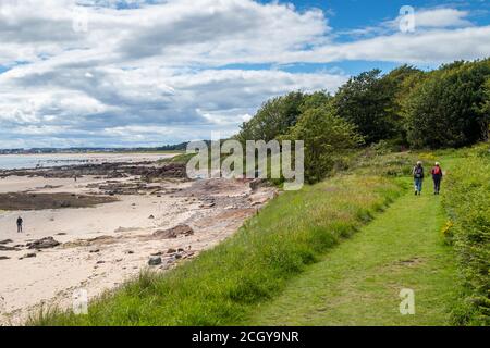 Spaziergänger entlang des Fife Coastal Path zwischen Lower Largo und Leven, Fife, Schottland. Stockfoto