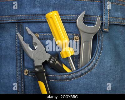 Werkzeuge in der Jeans-Tasche. Service- und Engineering-Konzept. 3d-Illustration Stockfoto